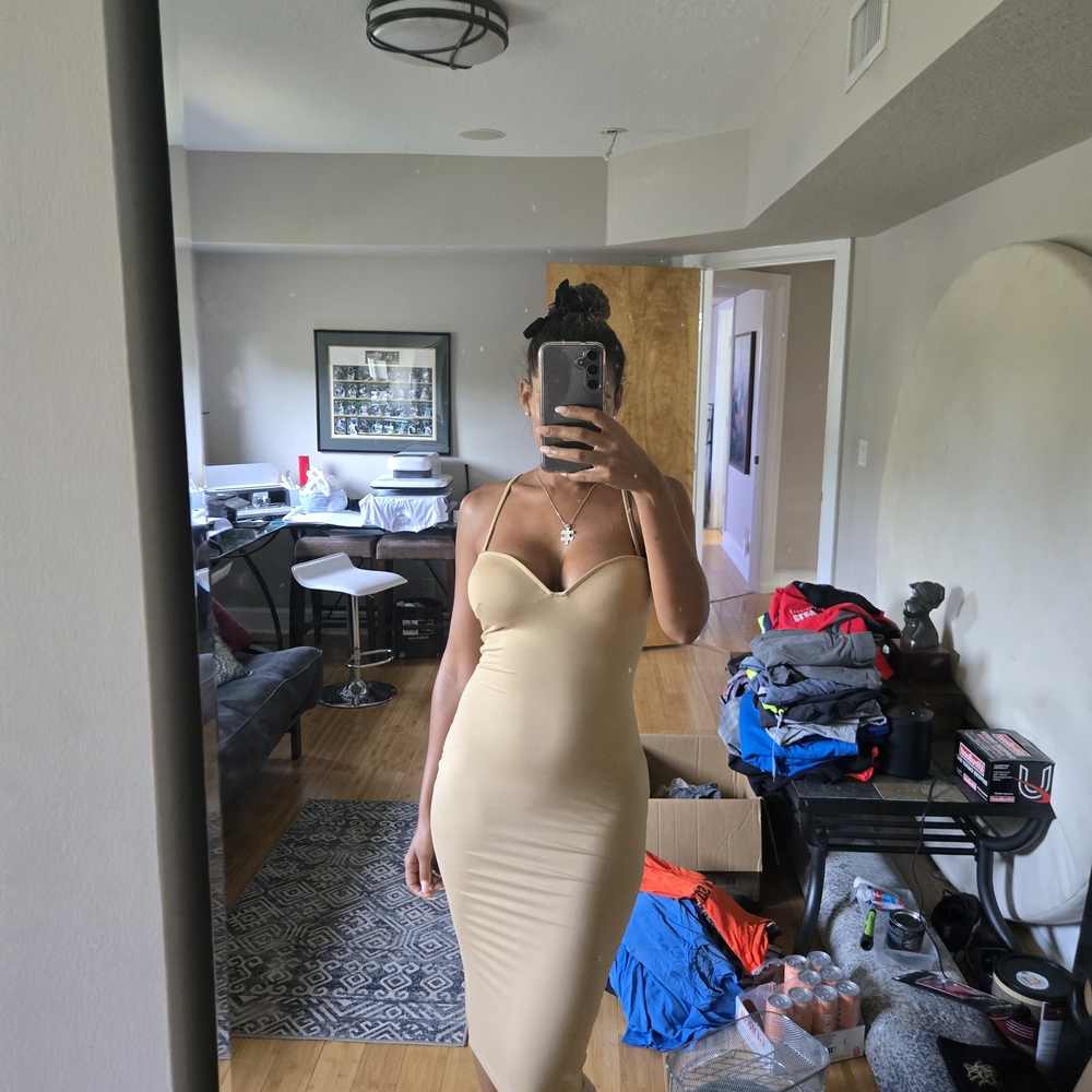 JLUX Elegant Beige Spaghetti Strap Dress